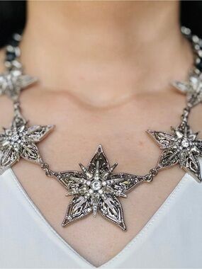 Heavy Silver Leather Interwoven Starburst Chunky Statement Necklace Rare